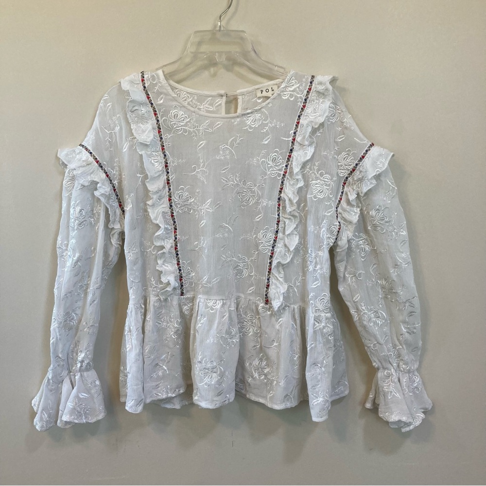 POL Long Sleeve Womens Top Sz L White Floral Embroidery Ruffles